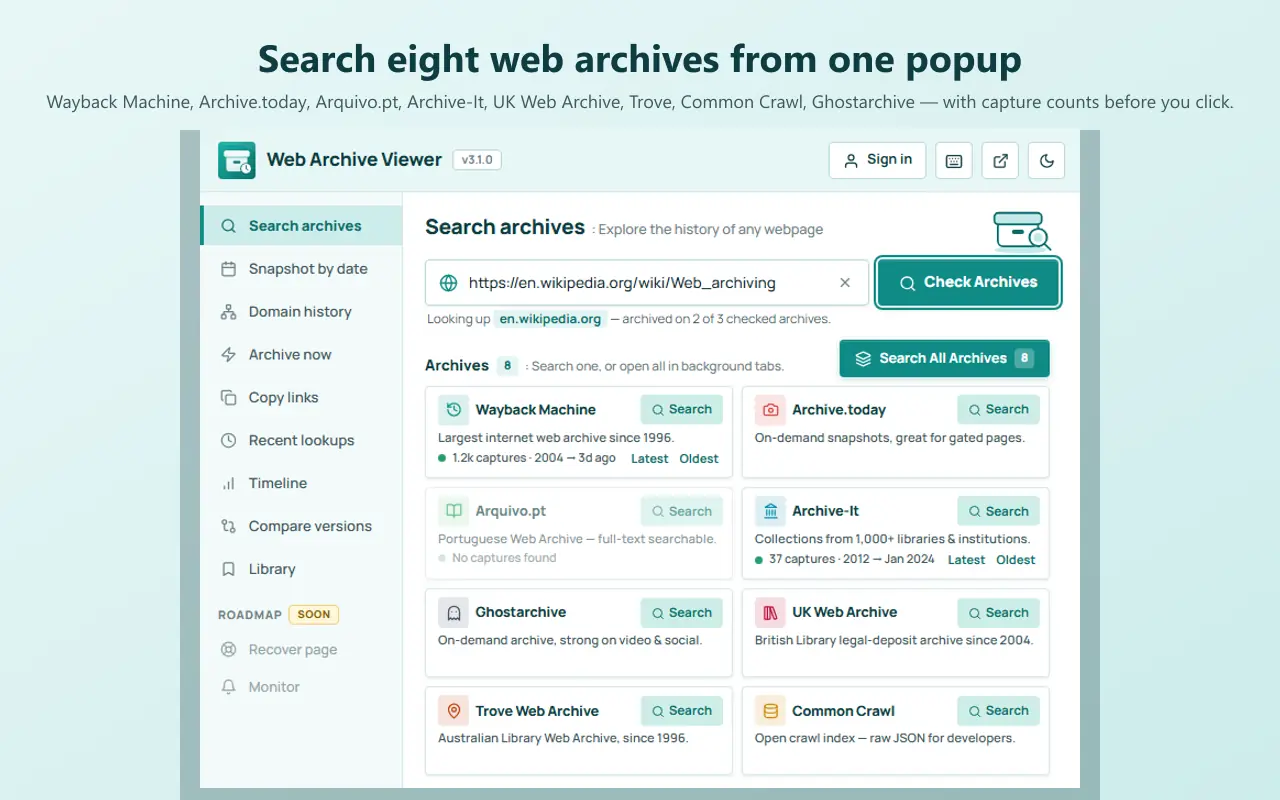 Web Archive Viewer popup searching eight web archives for a URL, with capture counts on archive cards
