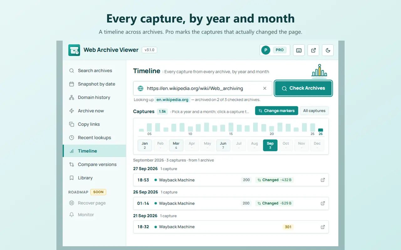 Web Archive Viewer Timeline listing captures by year and month