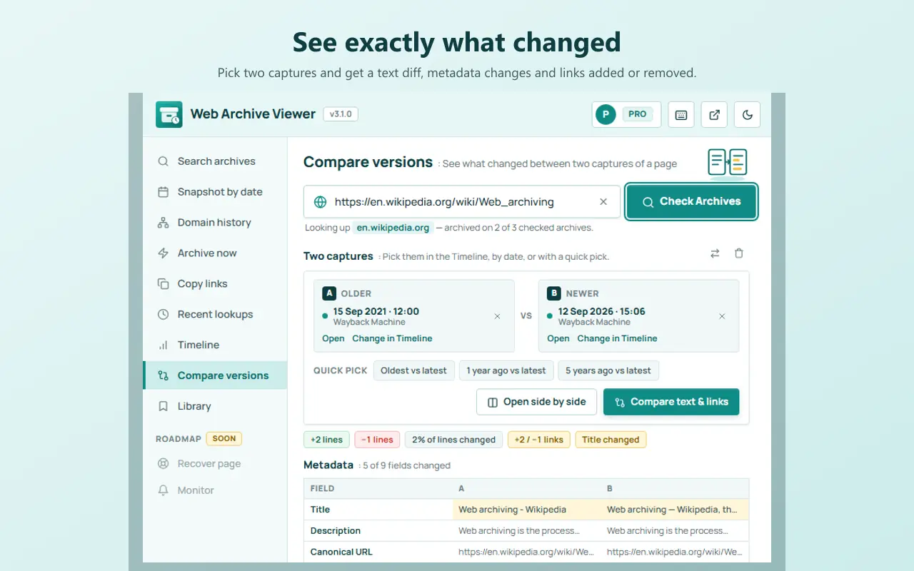 Web Archive Viewer Compare versions tool with two captures selected as A and B