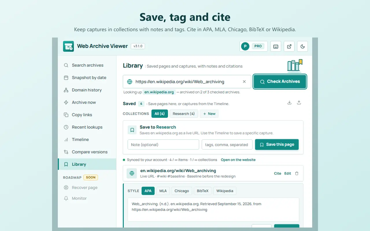 Web Archive Viewer Library with saved captures, notes and citation formats
