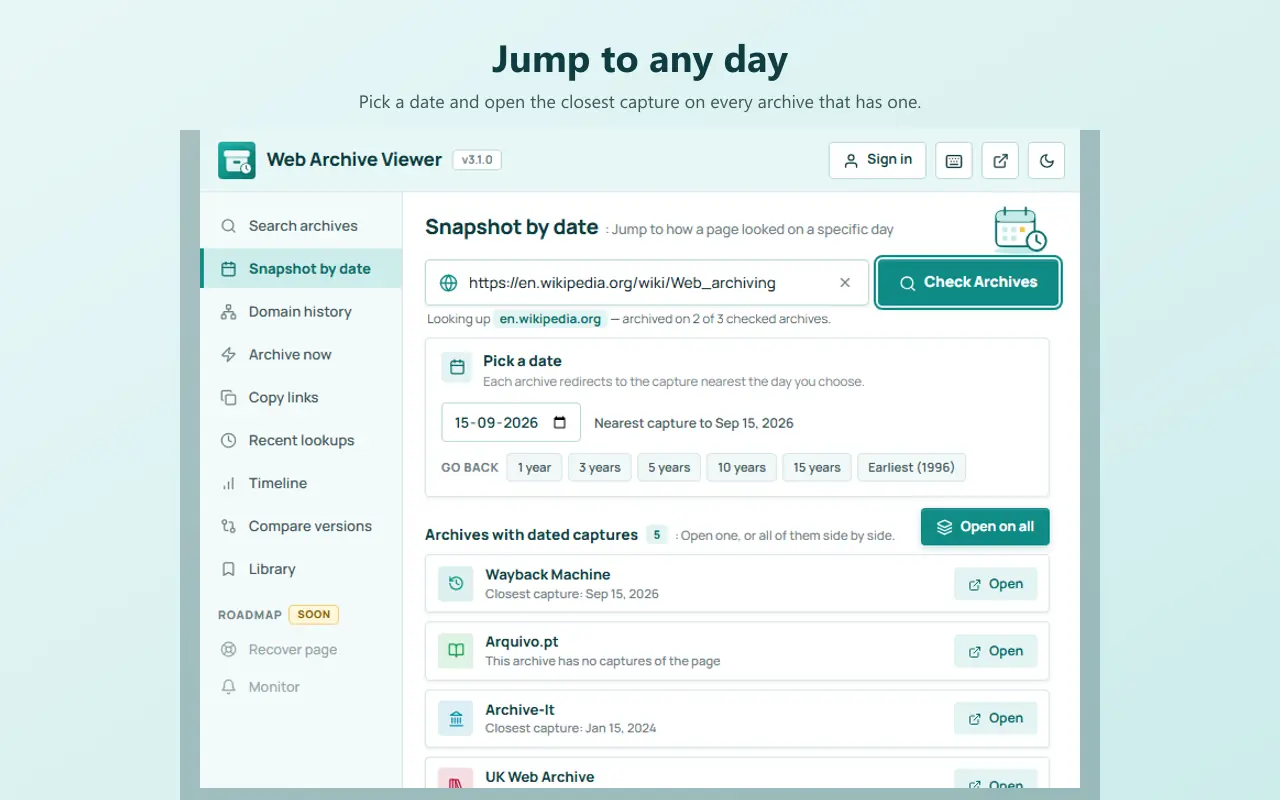 Web Archive Viewer's Snapshot by date tool with a date picker and a list of archives with dated captures